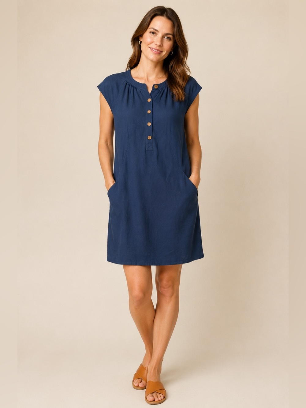 Casual Navy Button-Front Mini Dress with Cap Sleeves